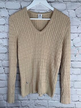 DAILY SPORTS OF SWEDEN Tan Cotton Cashmere Cable Knit V Neck Sweater L